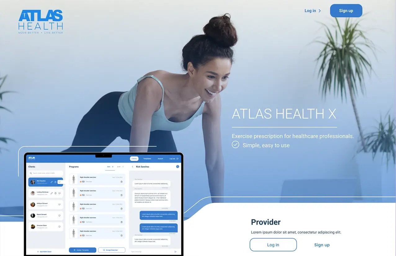 Atlas Health app web design for back pain management and relief